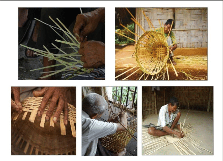 Karbi people making bamboo baskets