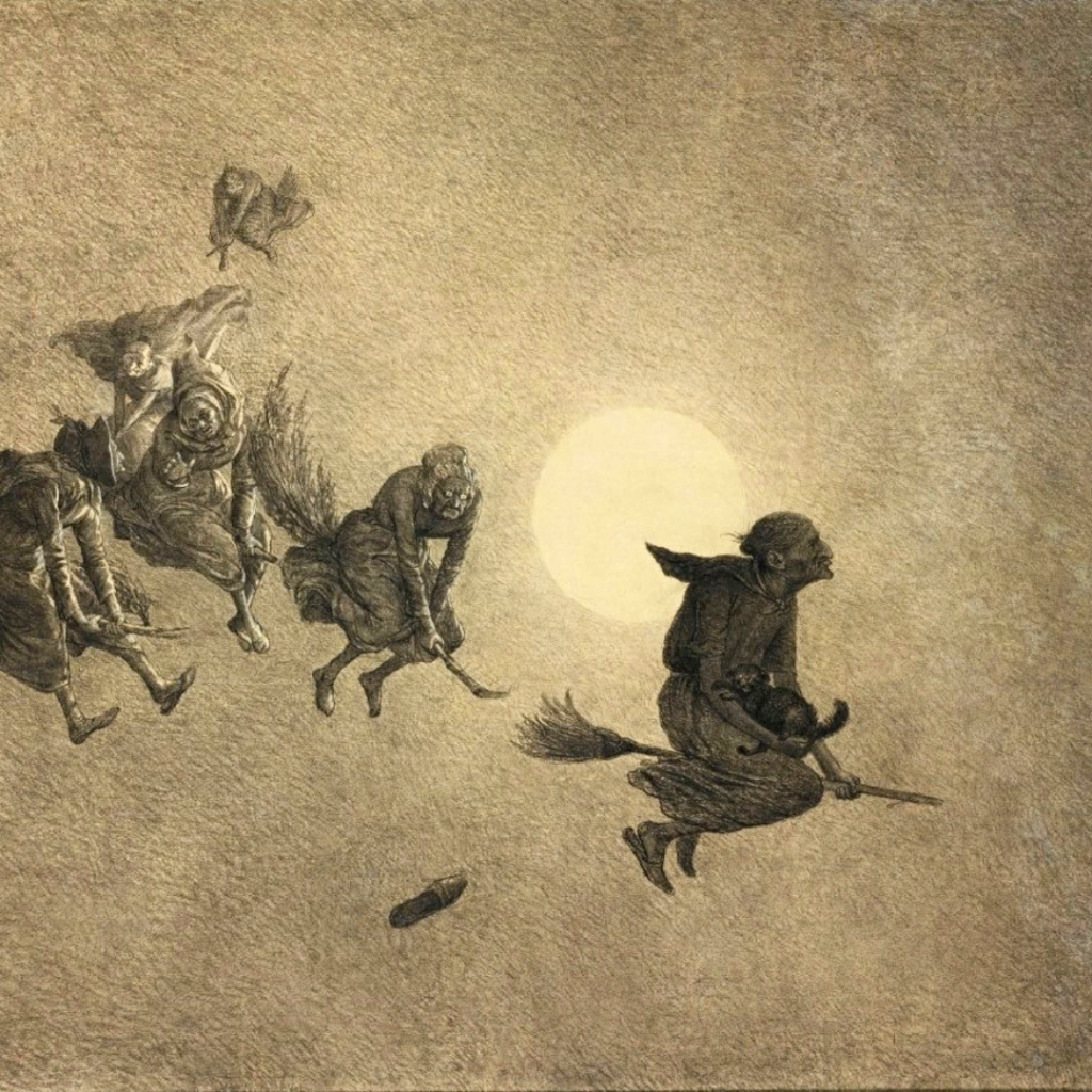 witches flying in the sky in moonlight